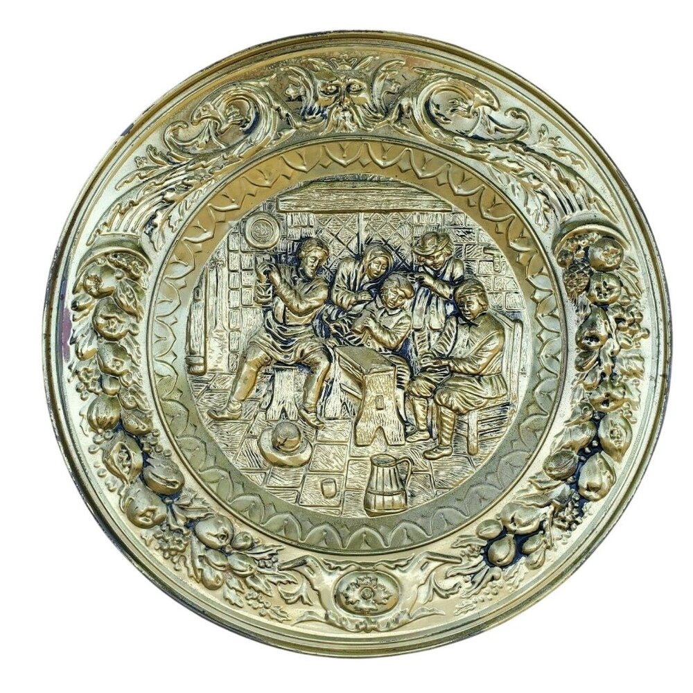 Vtg Brass Colonial Tavern Scene Wall‎ Plaque Chimney Flue Cover 22.5 " Diameter
